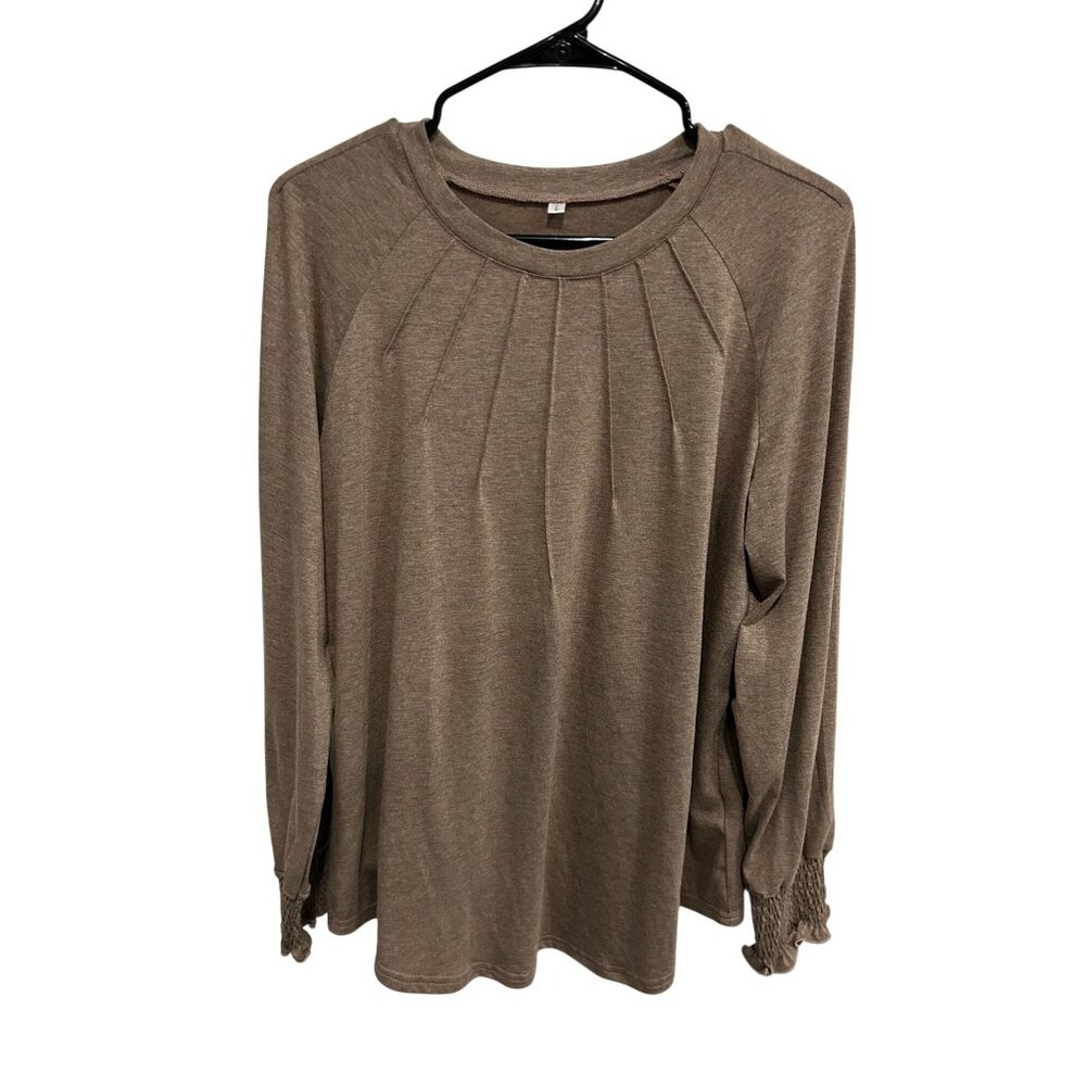 Womens Brown Long Sleeve Pleated Blouse Smocked Cuffs Top Preppy Chic 2026